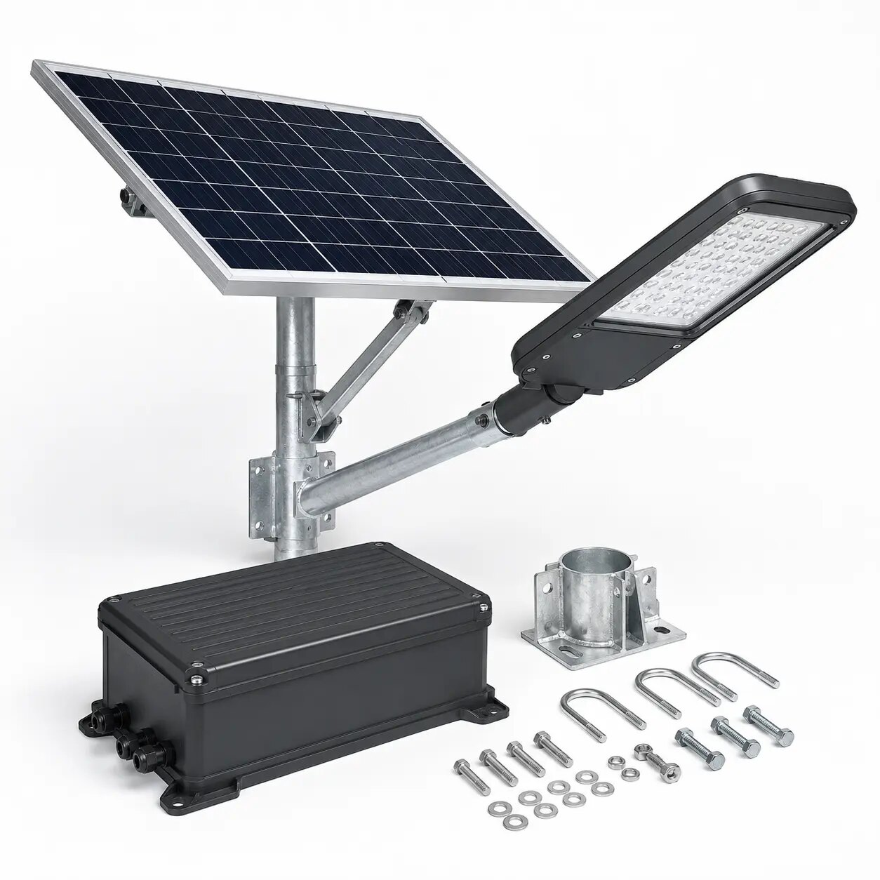 Components of an 8m split solar street light system including panel LED luminaire battery enclosure and galvanized mounting hardware