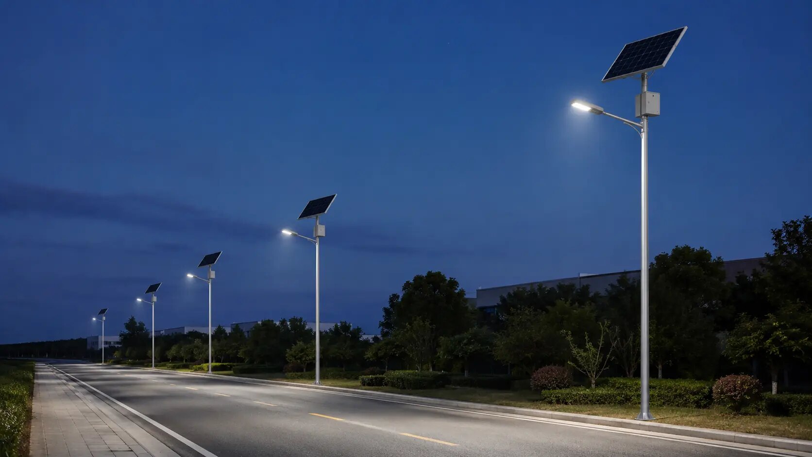 Illustrative municipal road with a row of 8m split solar street lights operating at blue hour