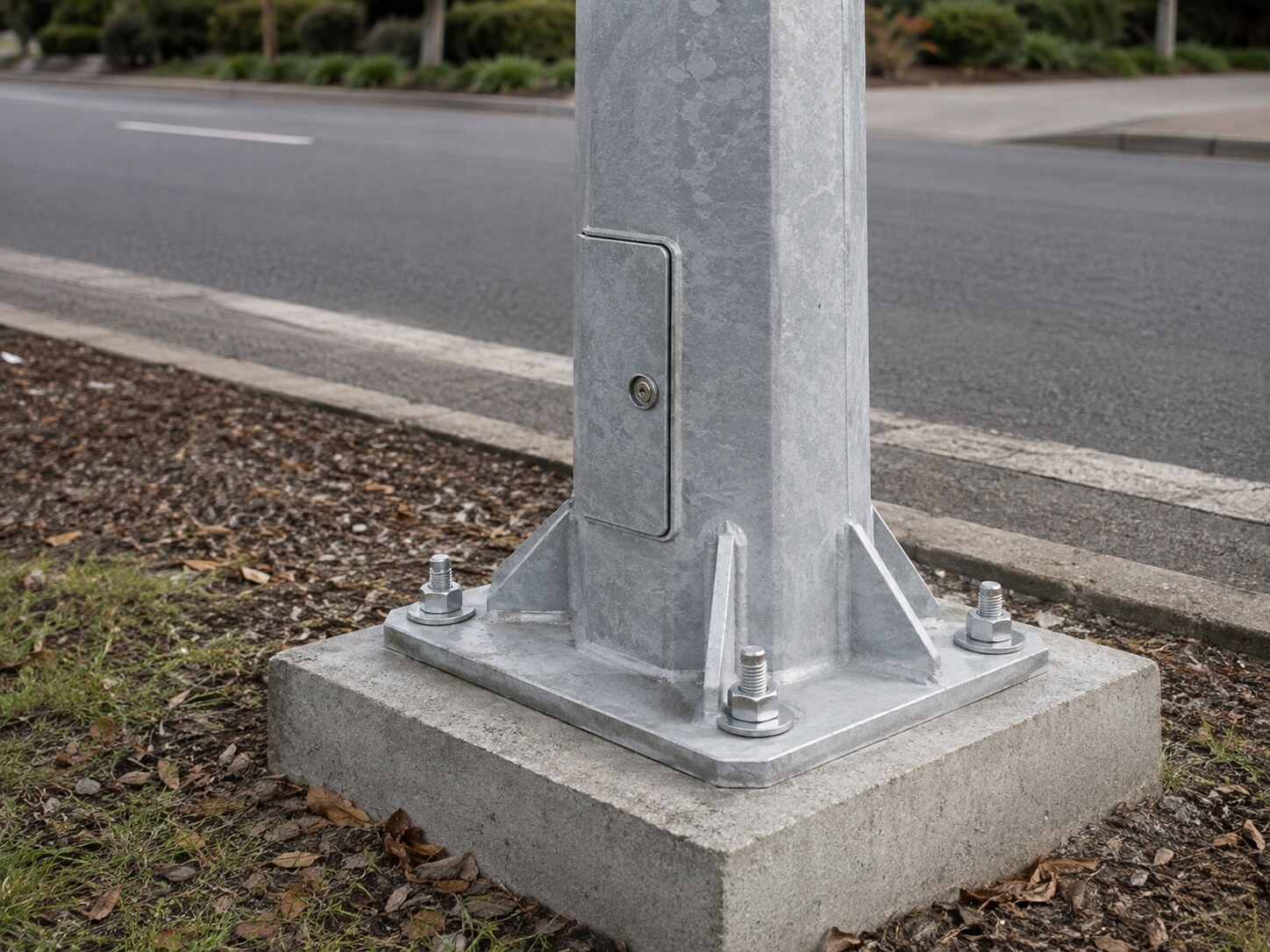 Base flange and service door of an 8m galvanized octagonal street light pole