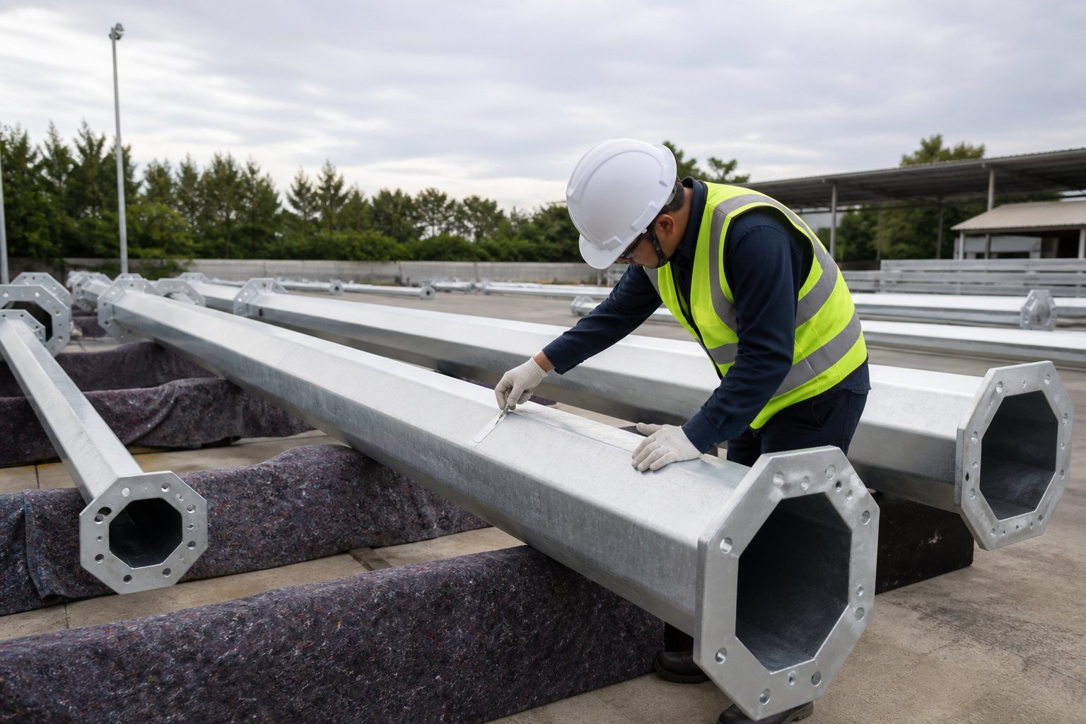 Galvanized pole surface checked during finish inspection