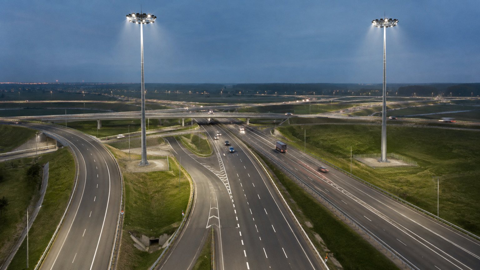 High-mast lighting towers illuminating the central area of a highway interchange