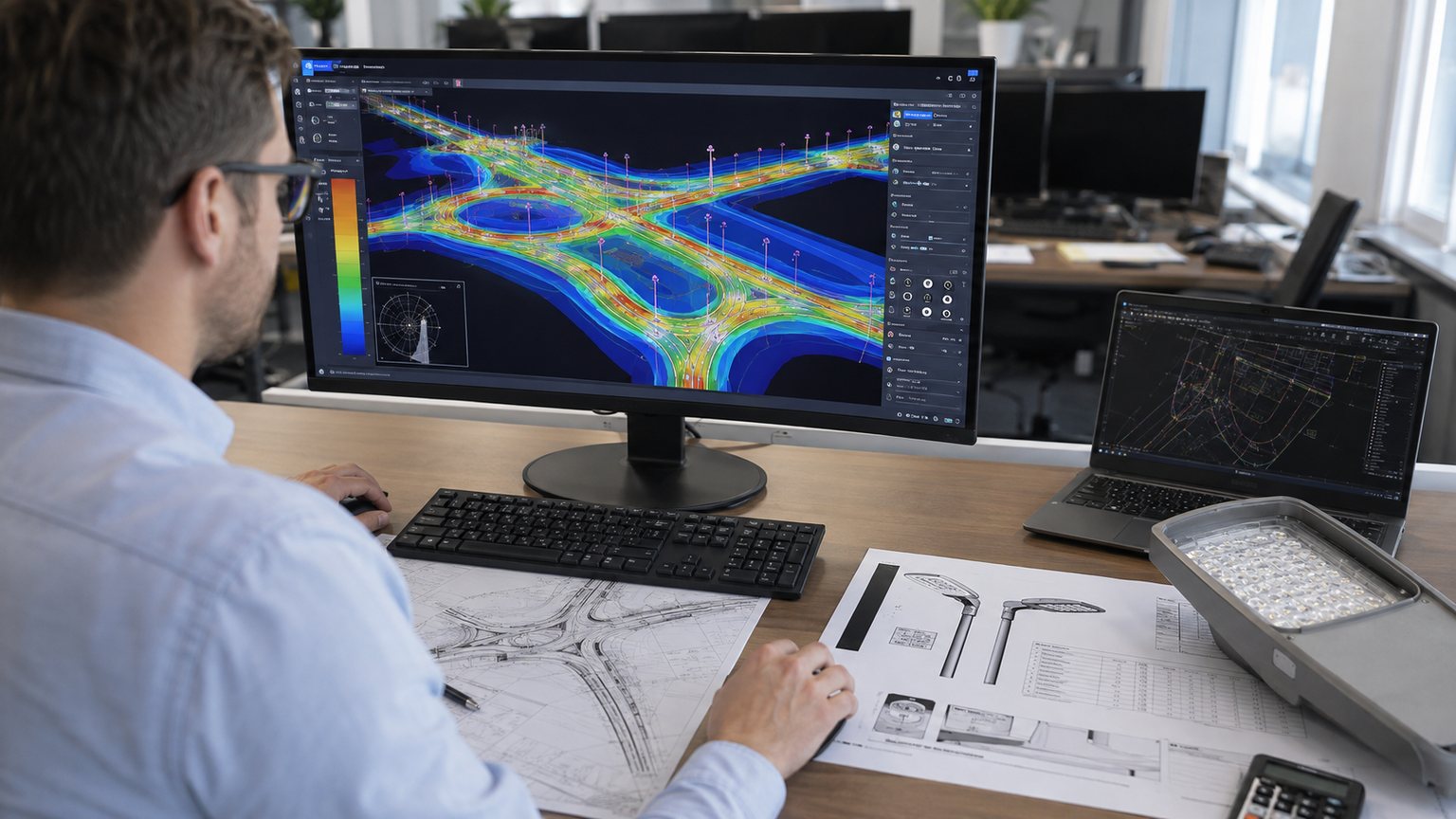 Engineer reviewing a highway interchange lighting photometric design and roadway plans