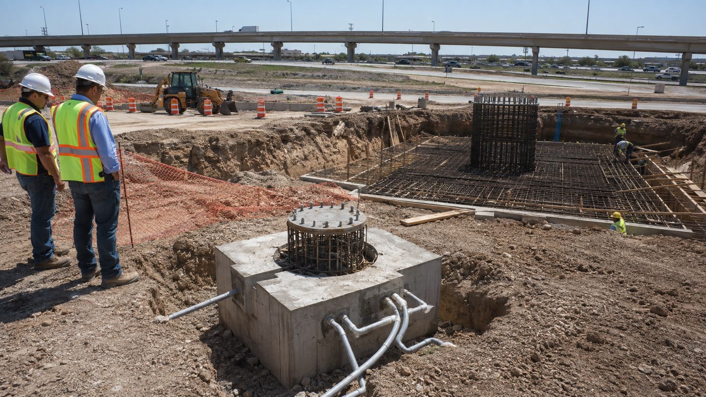 Foundation and anchor coordination for a roadway pole and a high-mast lighting tower