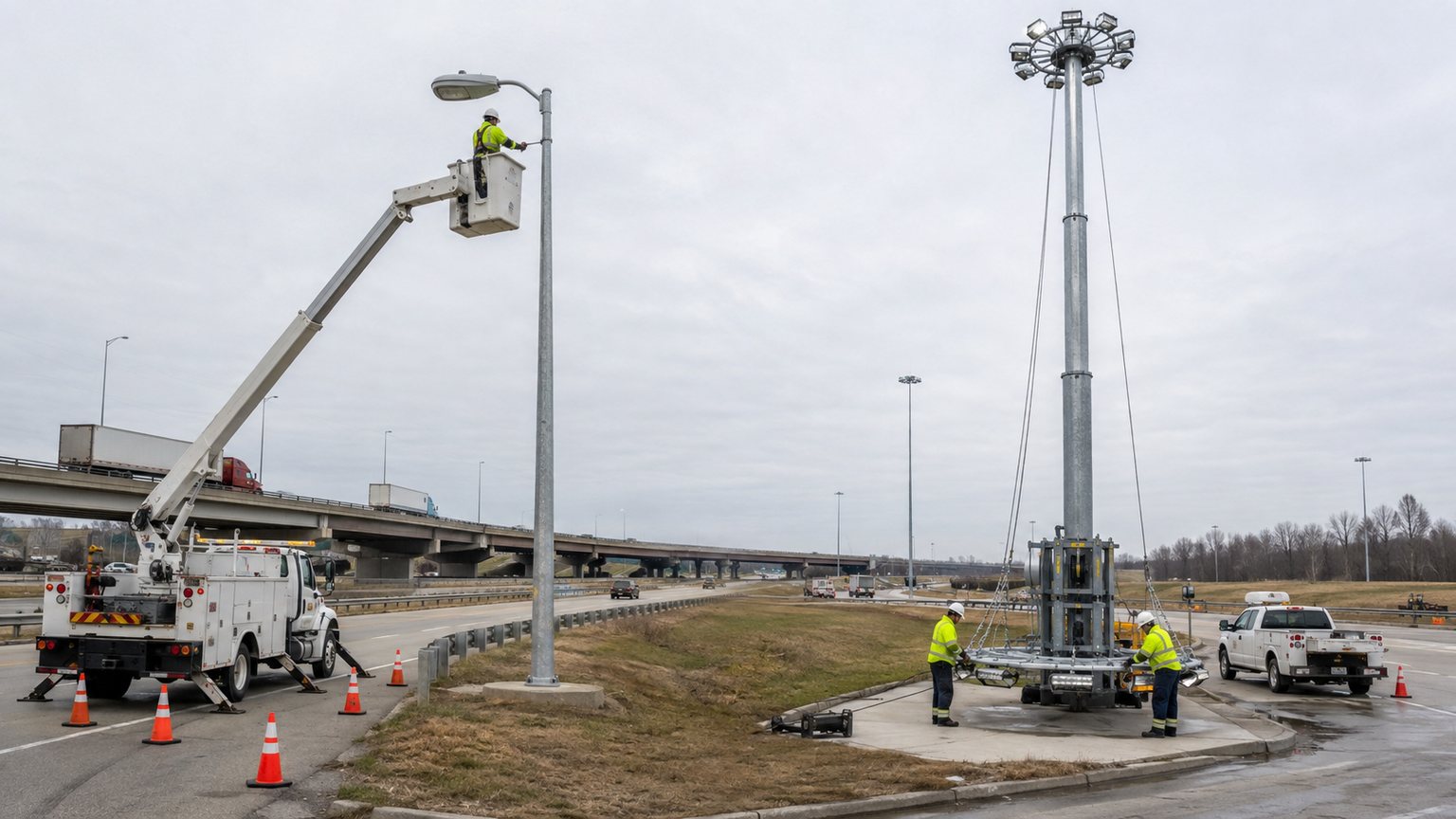 Maintenance access comparison between a 12m street light pole and a lowering high-mast tower