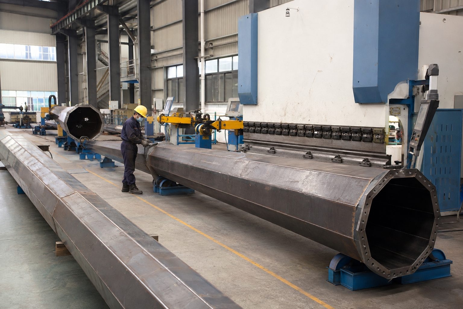Galvanized steel pole section being handled at a coating facility
