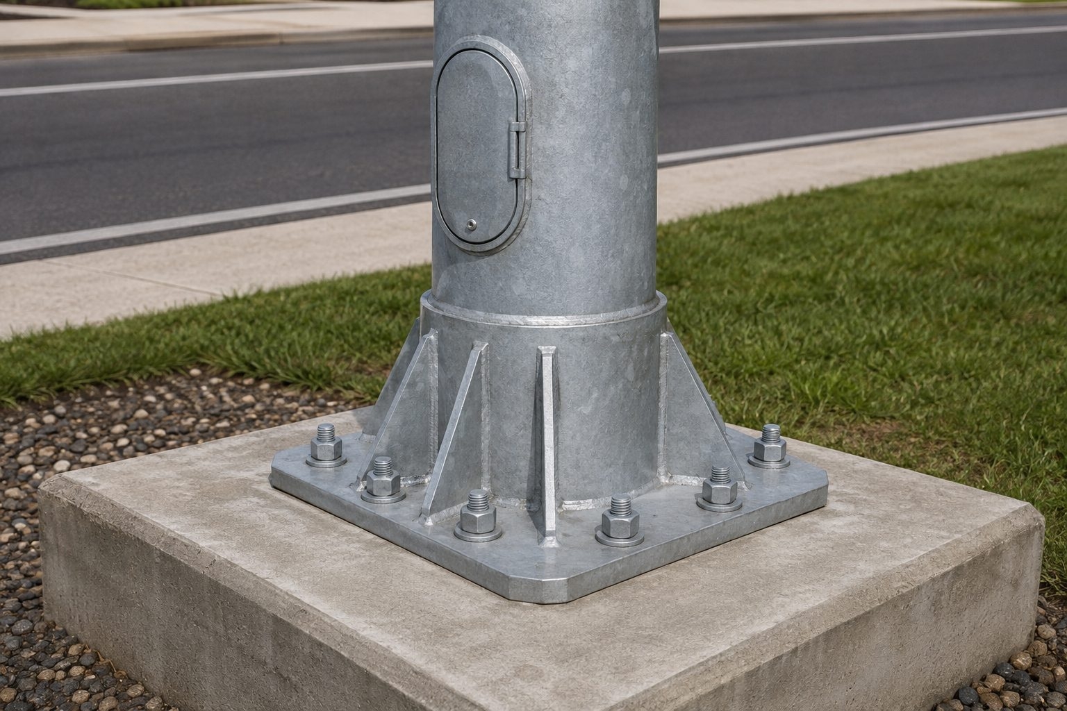 Galvanized steel street light poles operating on a municipal road at blue hour