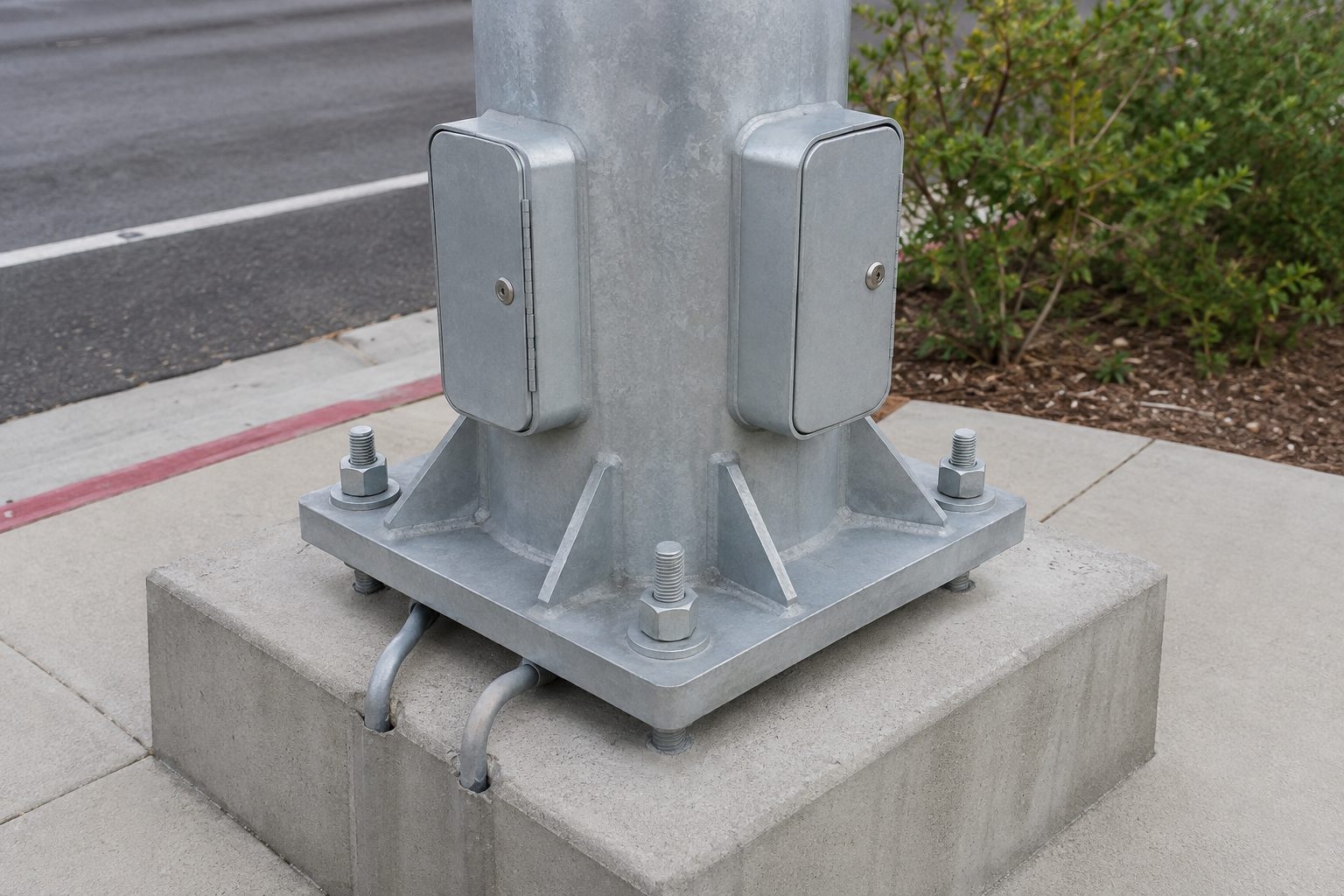 Base plate anchor bolts and separated cable chamber on a traffic signal lighting pole