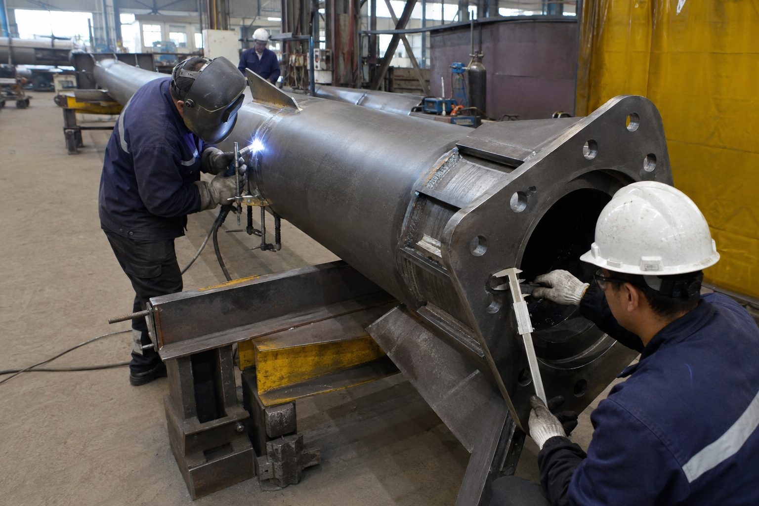 Factory welding and fabrication of a tapered traffic signal mast arm pole