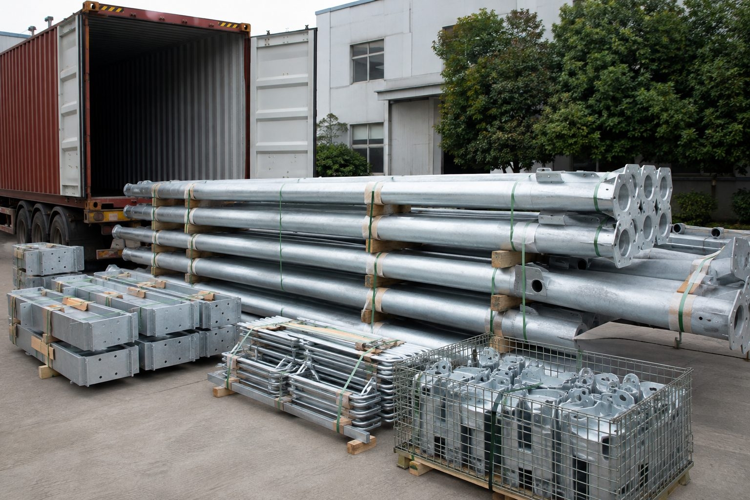 Export packing of galvanized traffic signal pole shafts mast arms and anchor cages