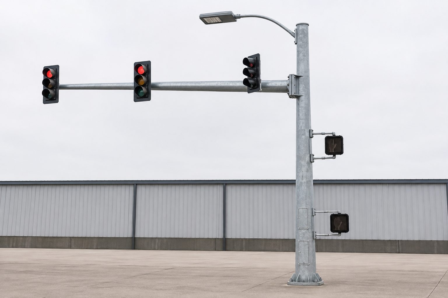 Galvanized multi-function traffic signal pole with mast arm roadway light and pedestrian signals