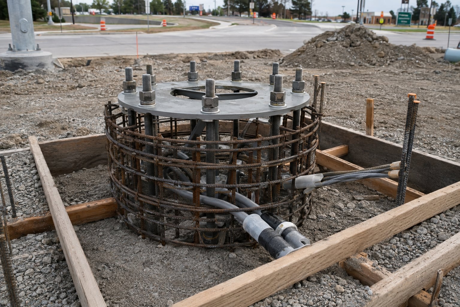 Traffic signal pole base and anchor cage interface