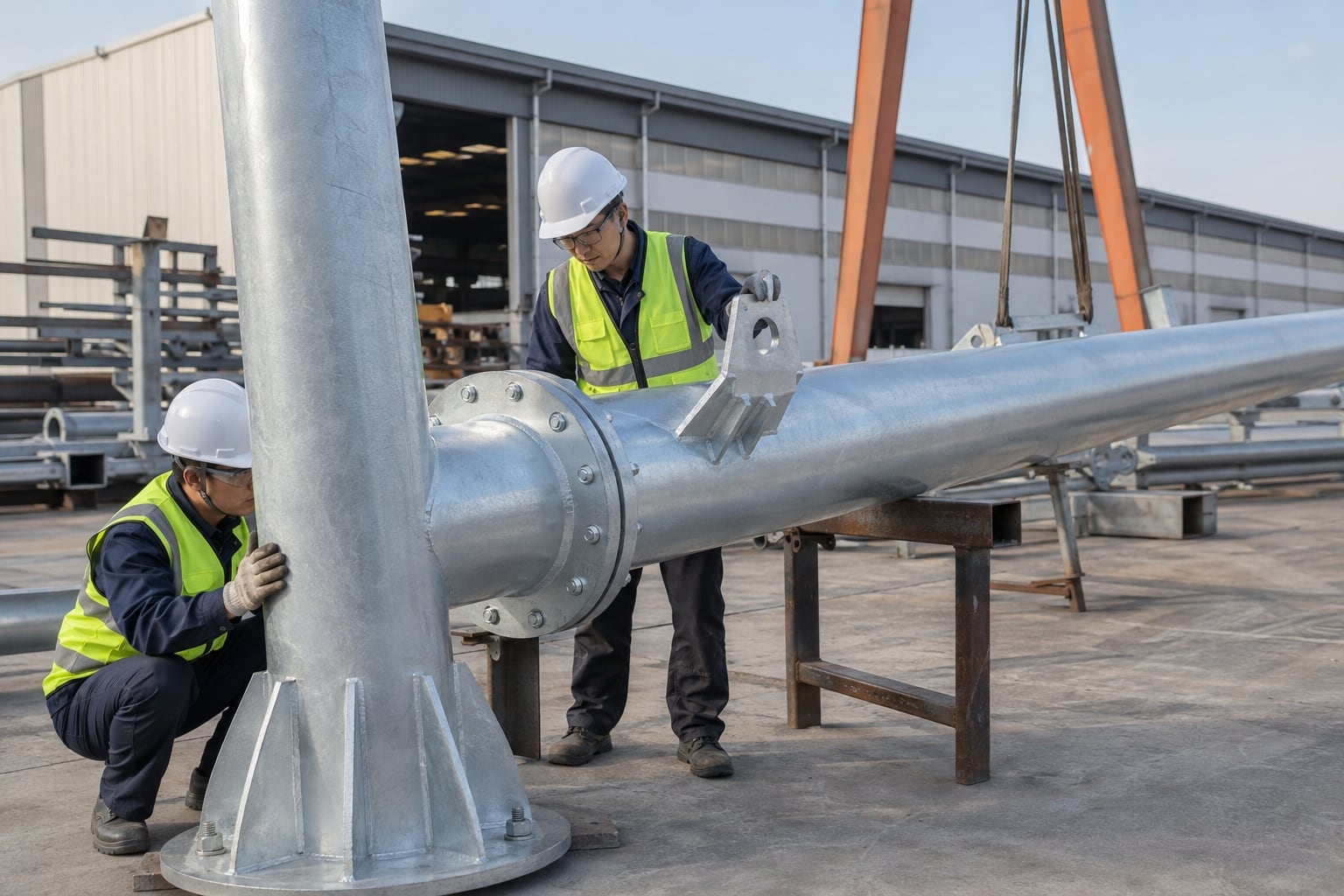 Factory trial fit of a traffic signal mast arm assembly