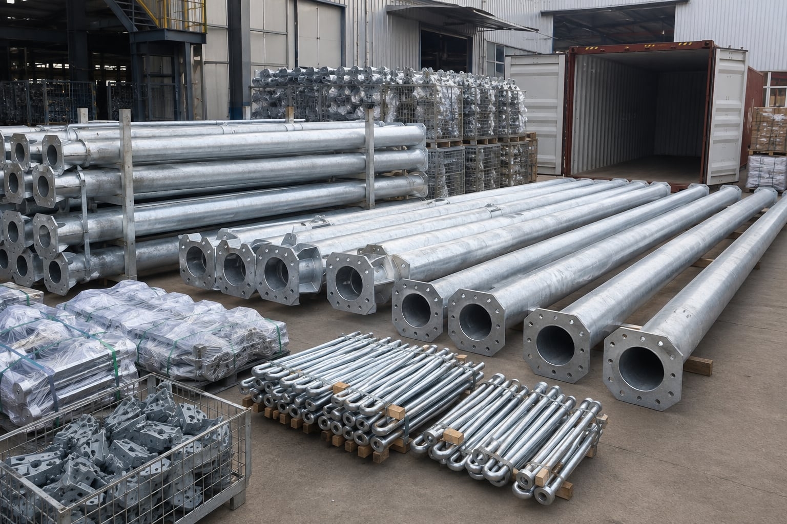 Traffic signal pole components prepared for export packing review