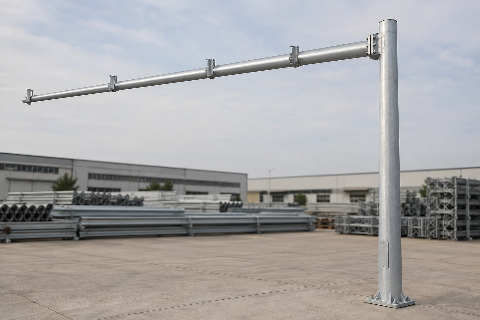 Complete galvanized standard traffic signal mast arm pole in a factory yard