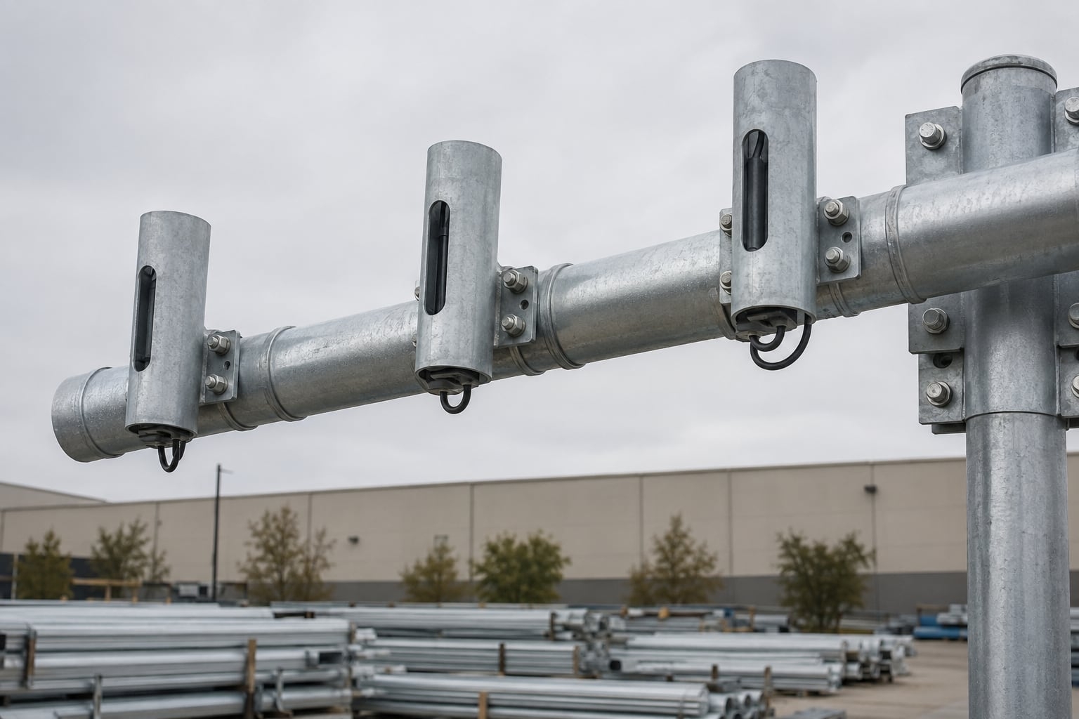 Galvanized traffic signal mast arm with multiple signal-head mounting brackets