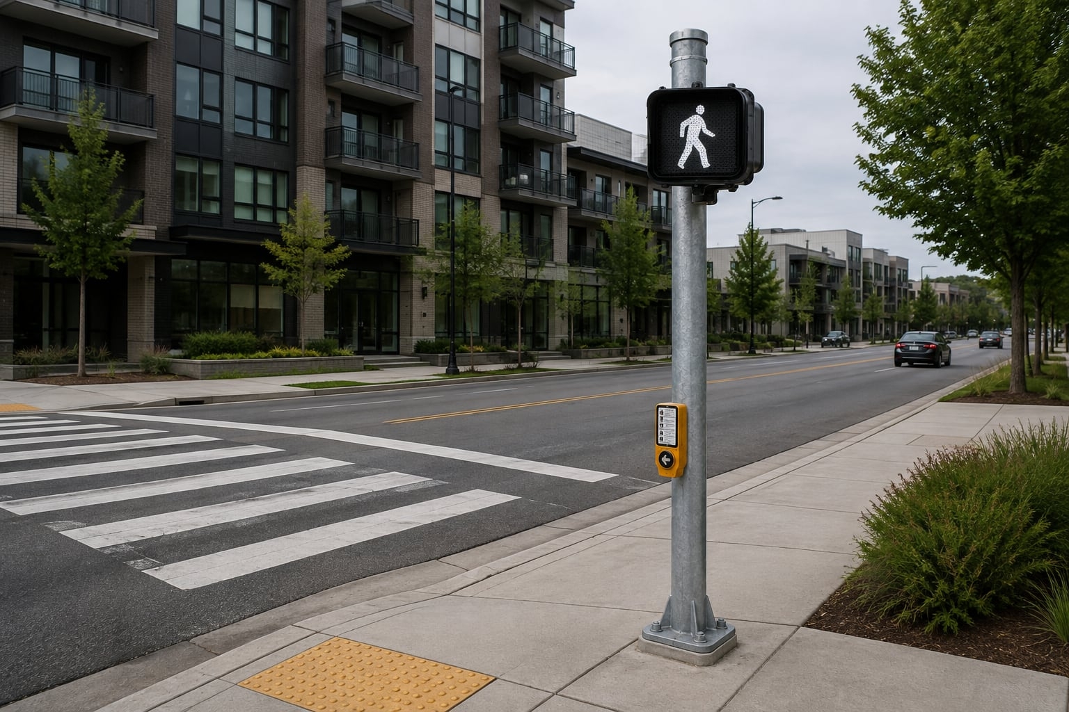 Galvanized pedestrian signal pole with indication and push button beside an urban crosswalk