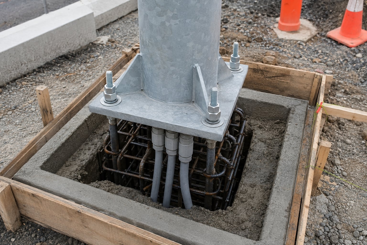 Traffic signal pole base plate anchor bolts reinforcement and electrical conduits during foundation installation