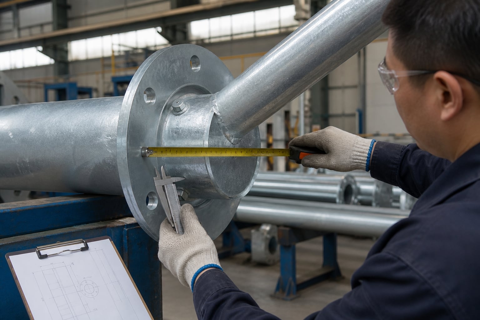 Inspector checking dimensions and bolt-hole alignment on a galvanized traffic signal pole connection