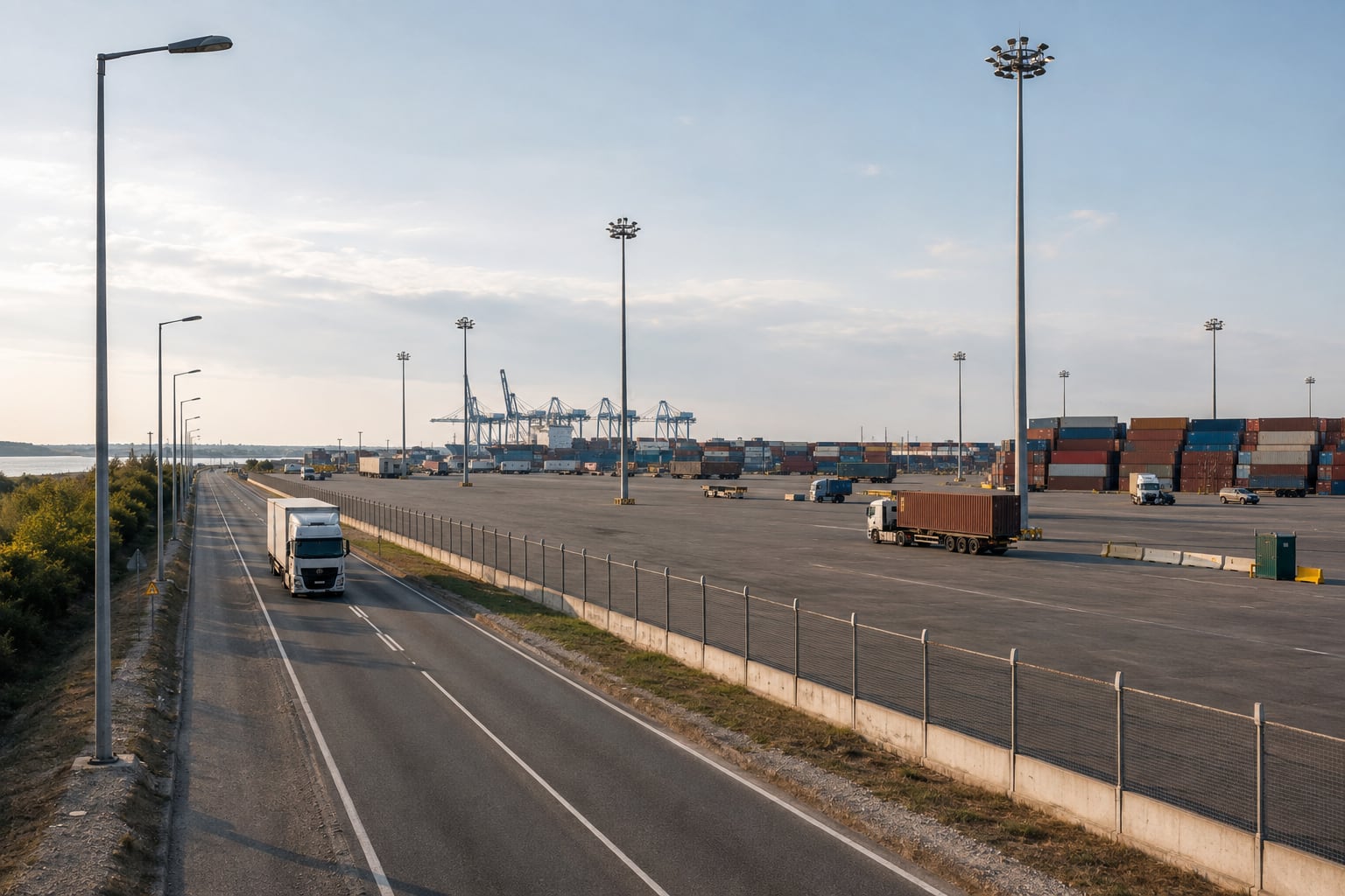 Conventional roadside lighting poles beside a port logistics yard with high-mast lighting