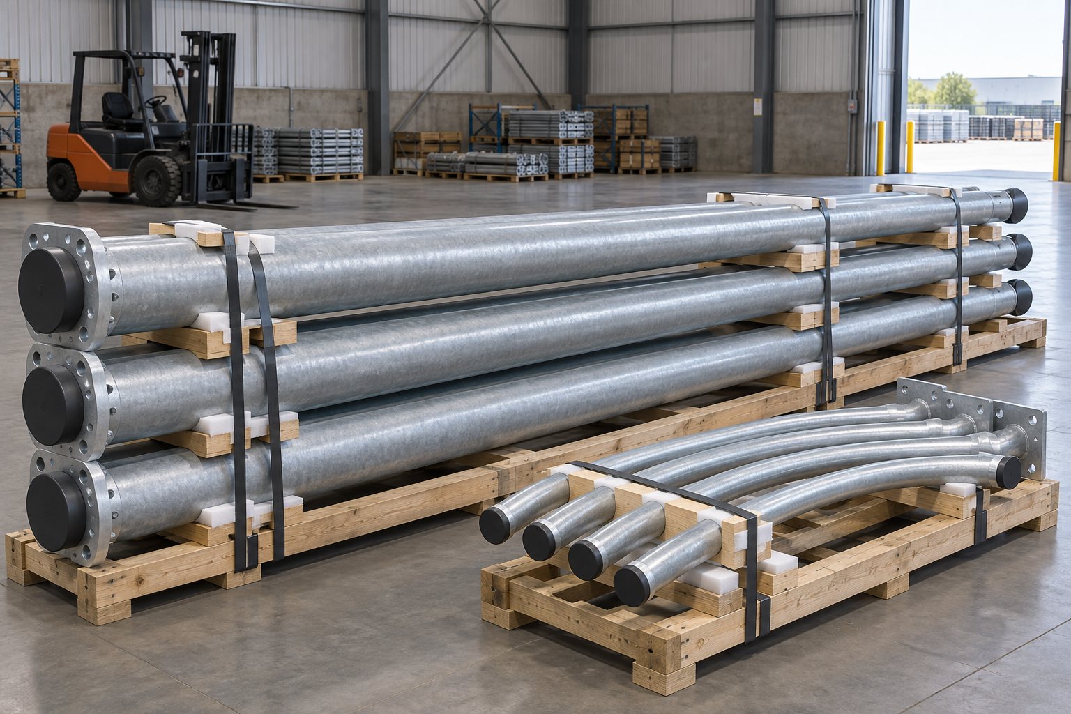 Padded galvanized pole shafts and detached lighting arms on timber supports