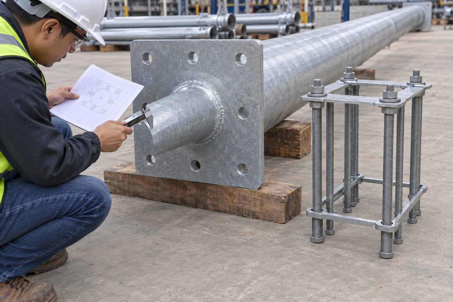 Pole base plate and anchor cage drawing detail