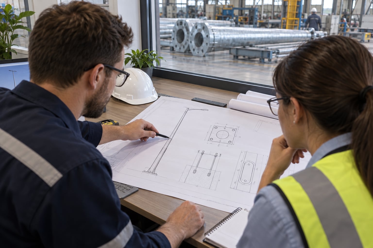 Engineers reviewing a pole drawing revision before street light pole fabrication