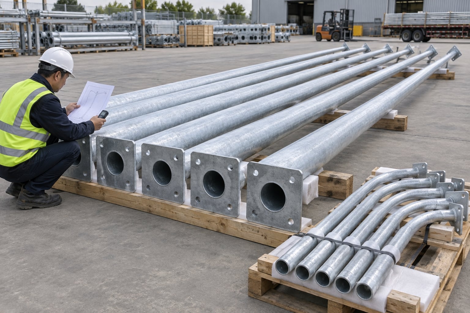 Finished galvanized light pole lot checked against release documents before dispatch