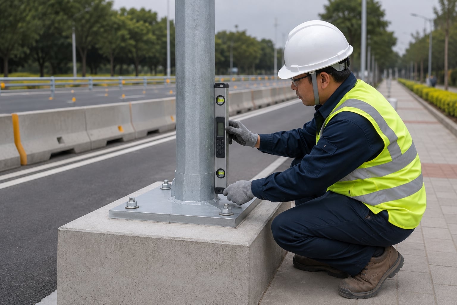 Installed galvanized pole base and anchor connection being checked