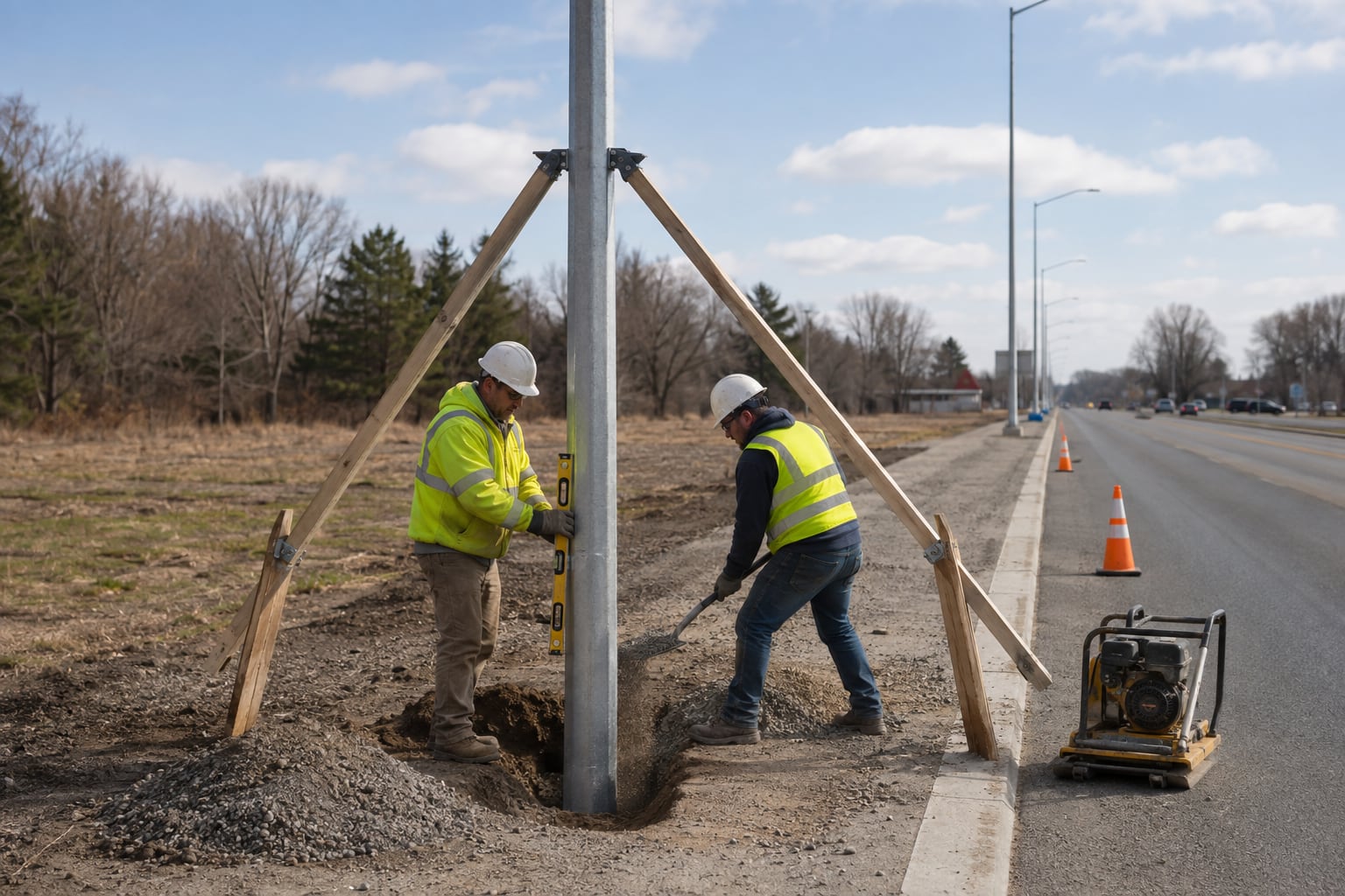 Direct burial galvanized light pole aligned during controlled backfill