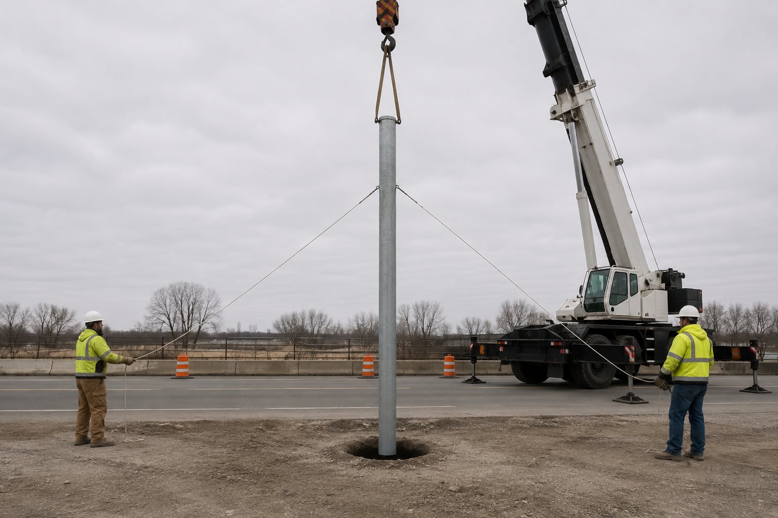 Direct burial street light pole centered over excavation