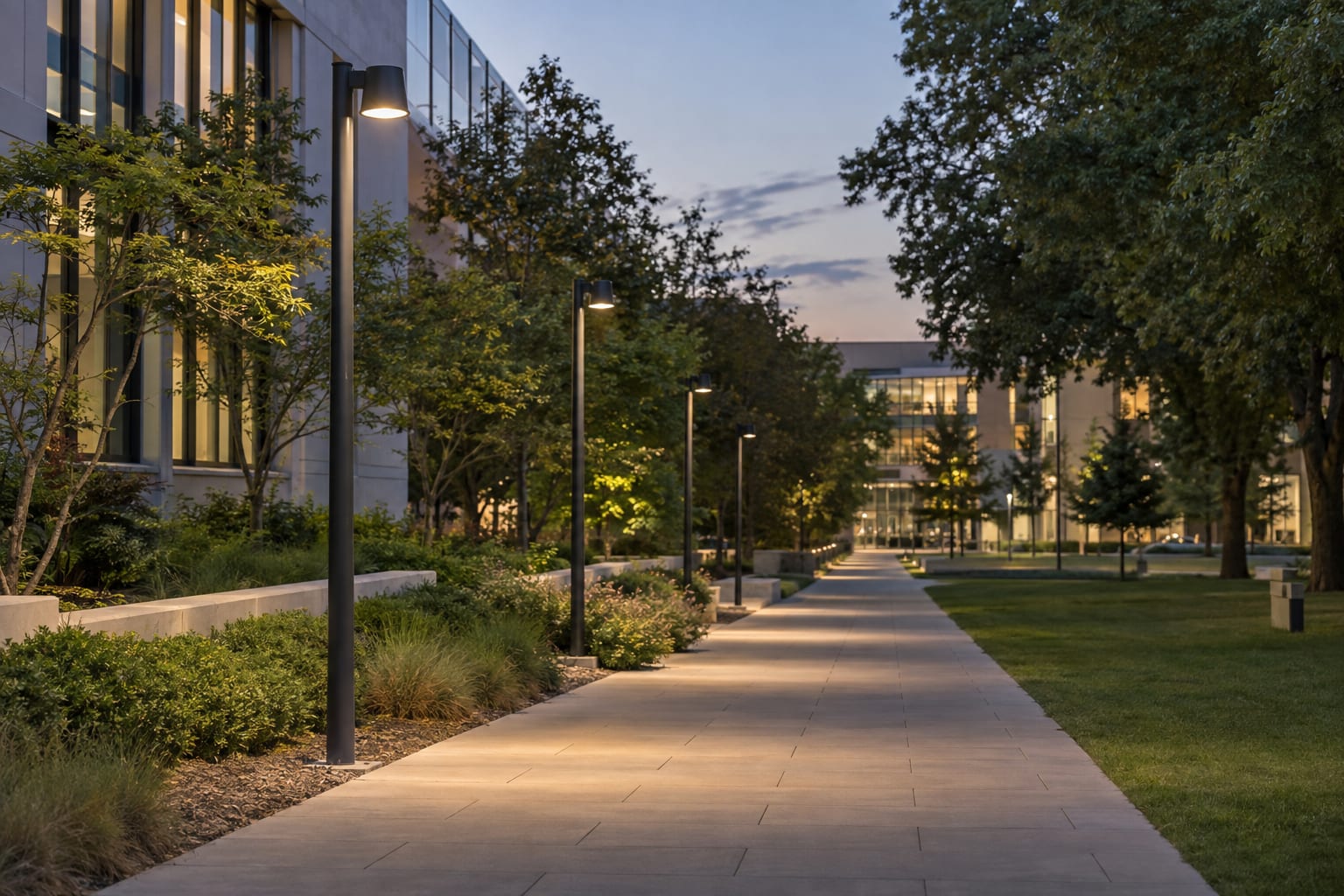 Galvanized street light pole top with a curved arm and correctly aligned LED roadway luminaire