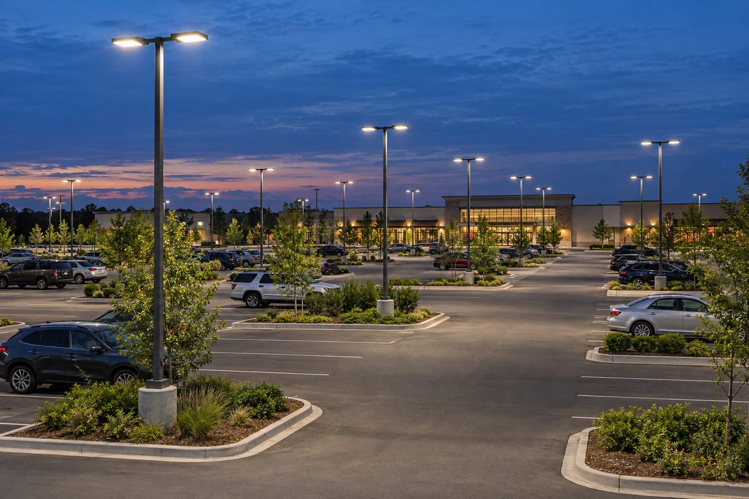 Galvanized twin-head parking lot light poles located within protected landscape islands at blue hour
