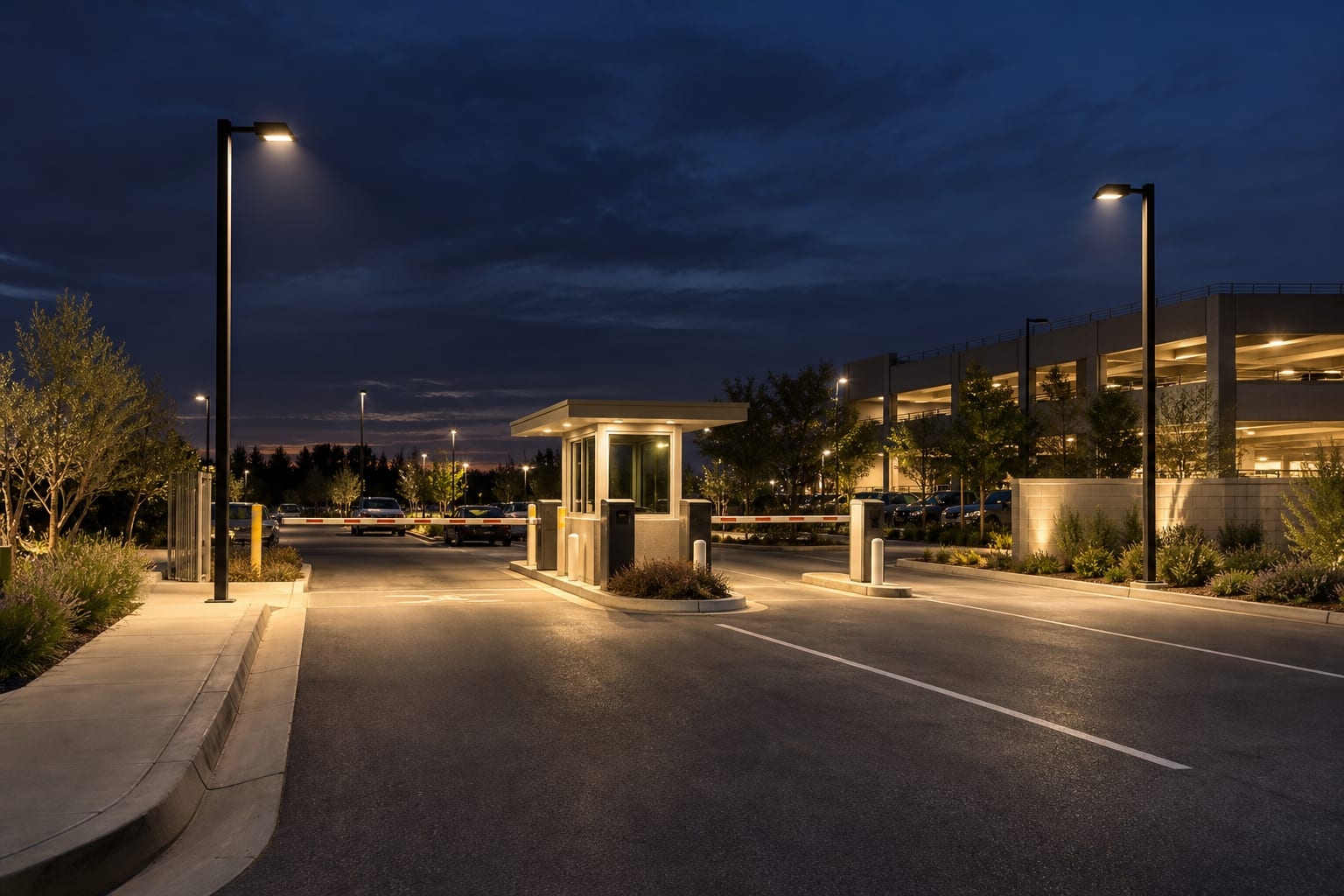 Downward-facing parking entrance lights positioned behind curbs and clear of the access lanes