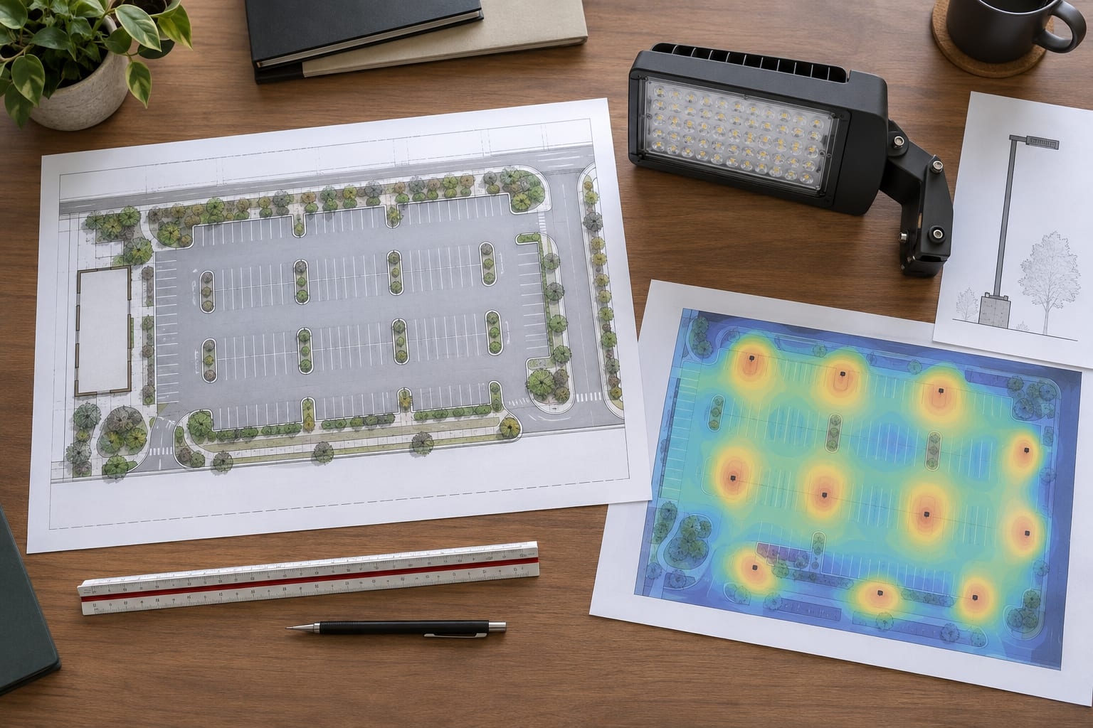 Parking lot site plan, photometric contour sheet, pole elevation and LED area-light sample arranged for design review