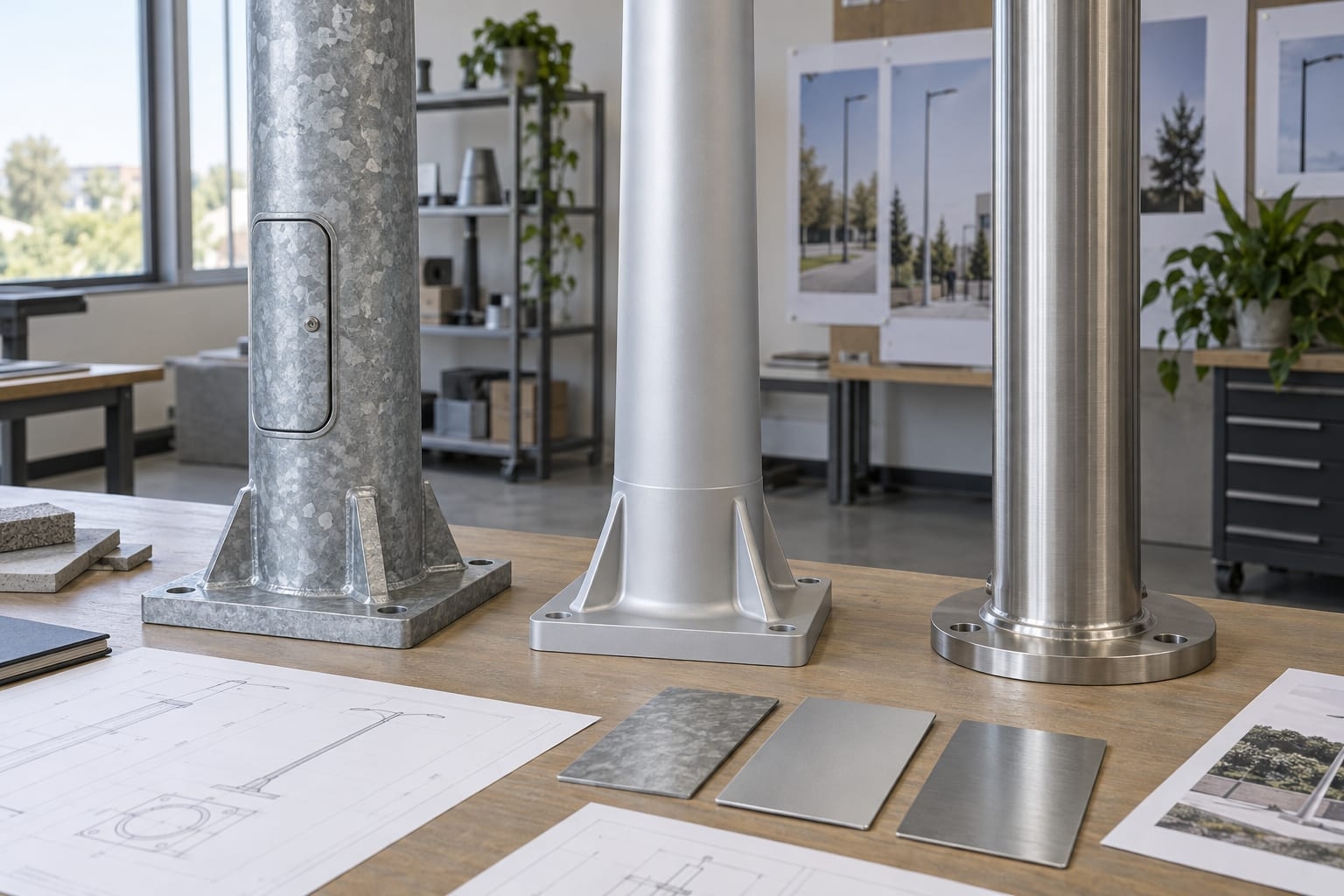 Galvanized steel, satin aluminum and brushed stainless steel lighting pole material samples arranged for engineering review