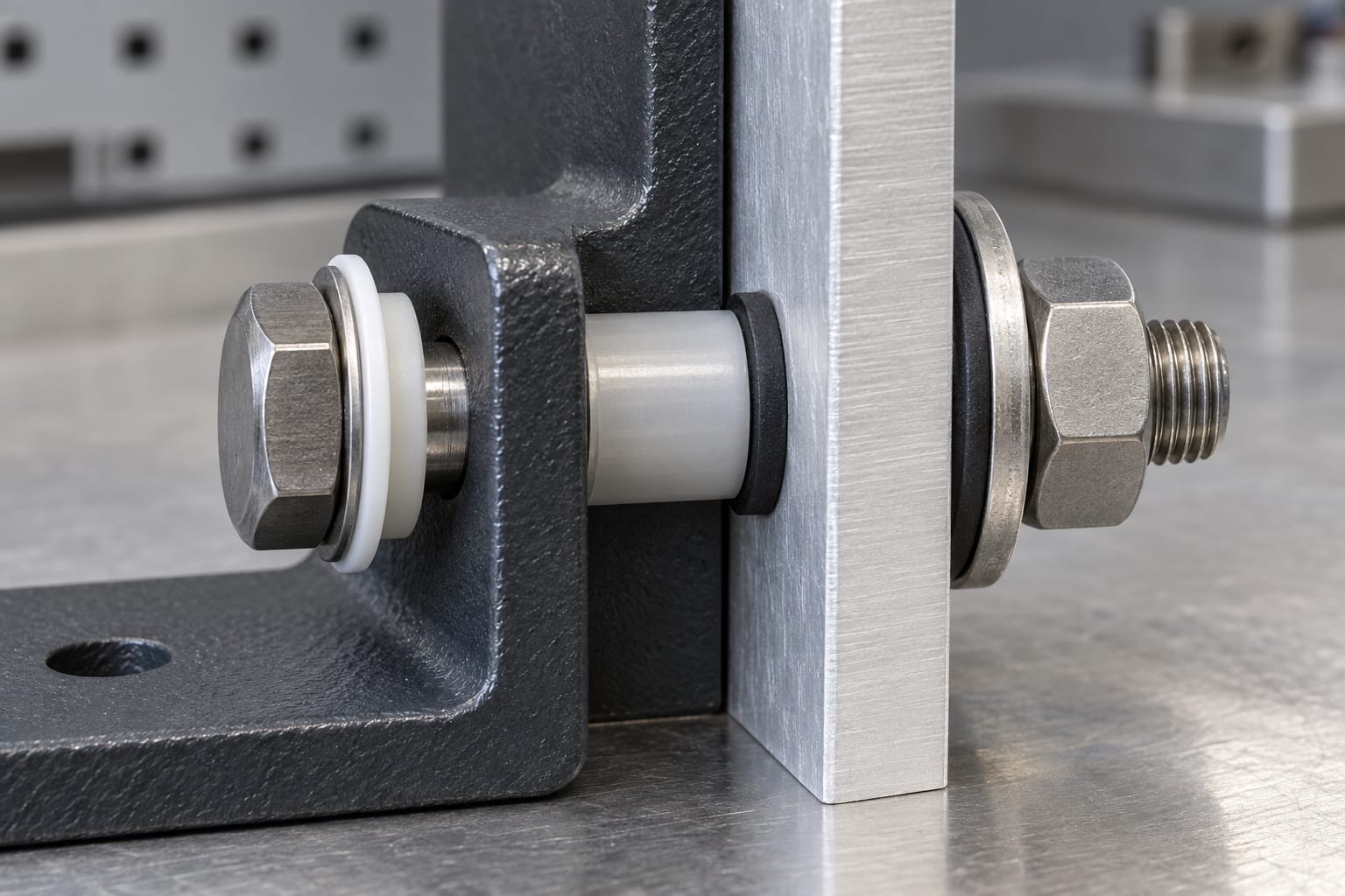 Stainless fastener connection with isolation sleeve, washers and gasket separating coated steel and aluminum parts