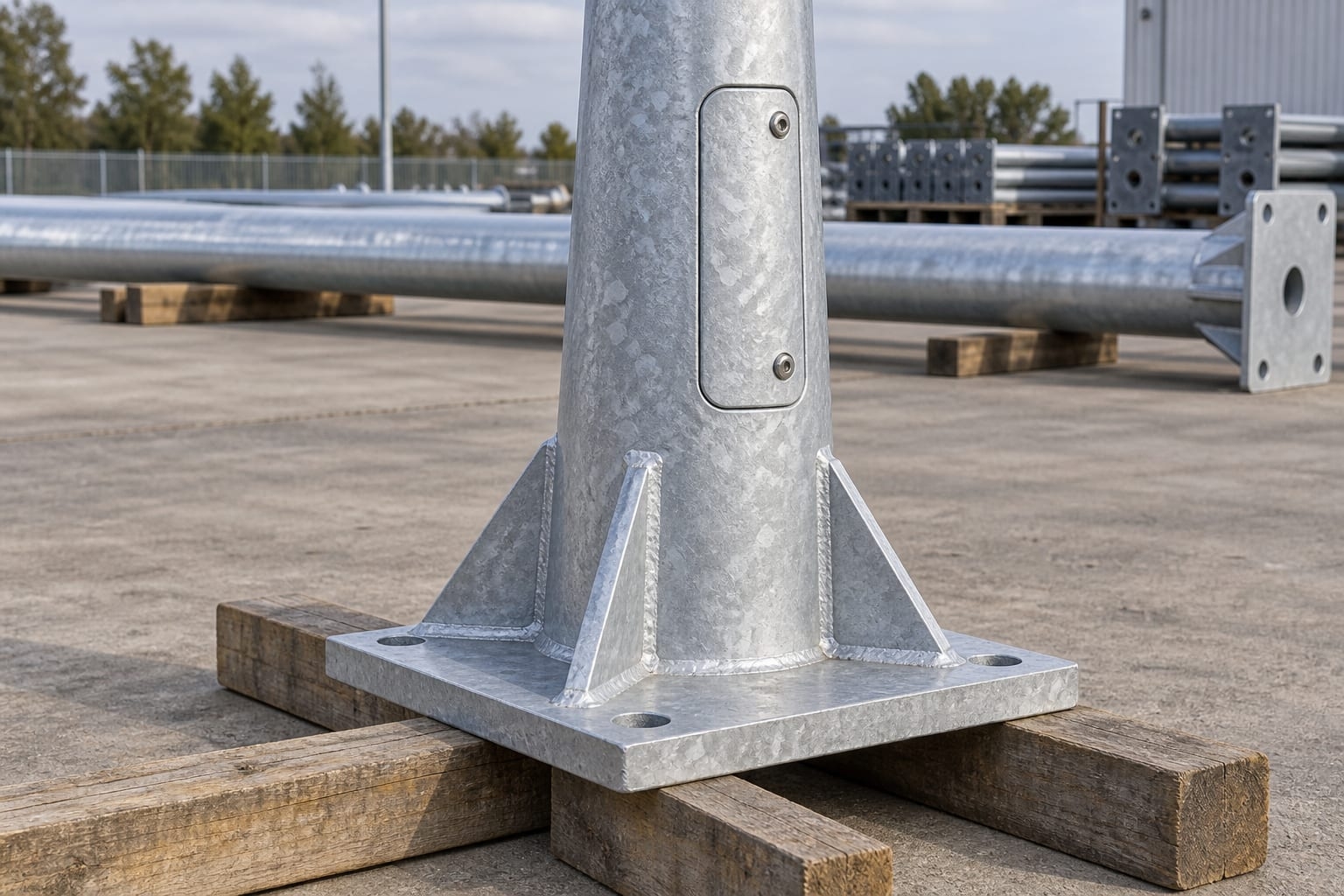 Tapered hot-dip galvanized steel light pole with welded base plate, gussets and closed access door