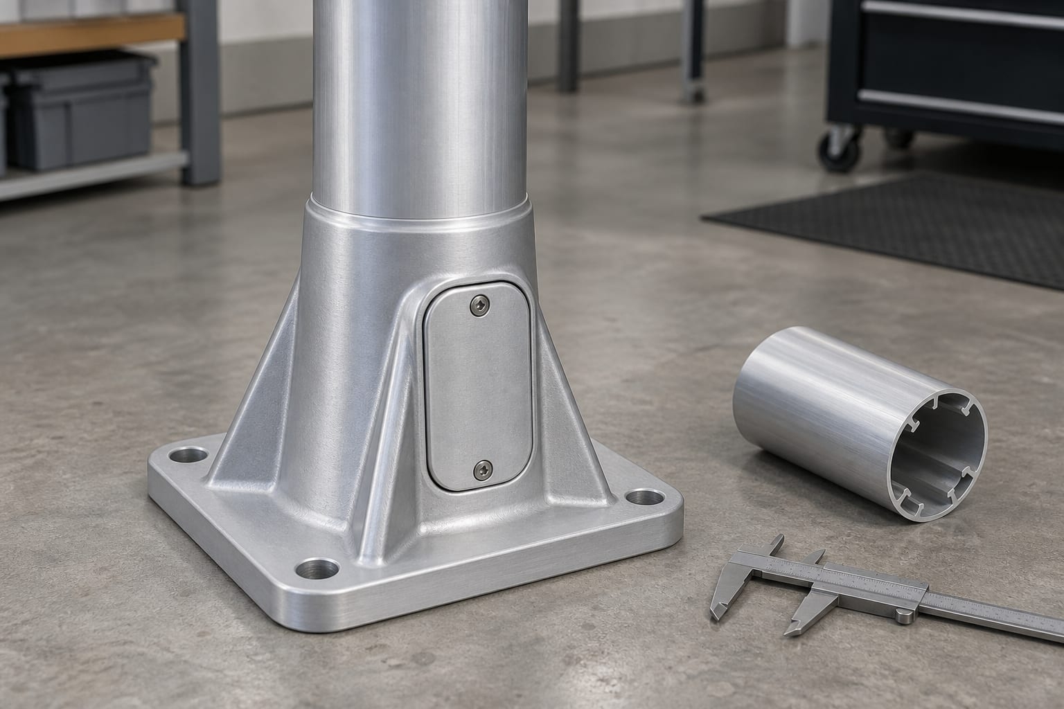 Satin aluminum lighting pole lower assembly with cast base, access cover and extrusion sample
