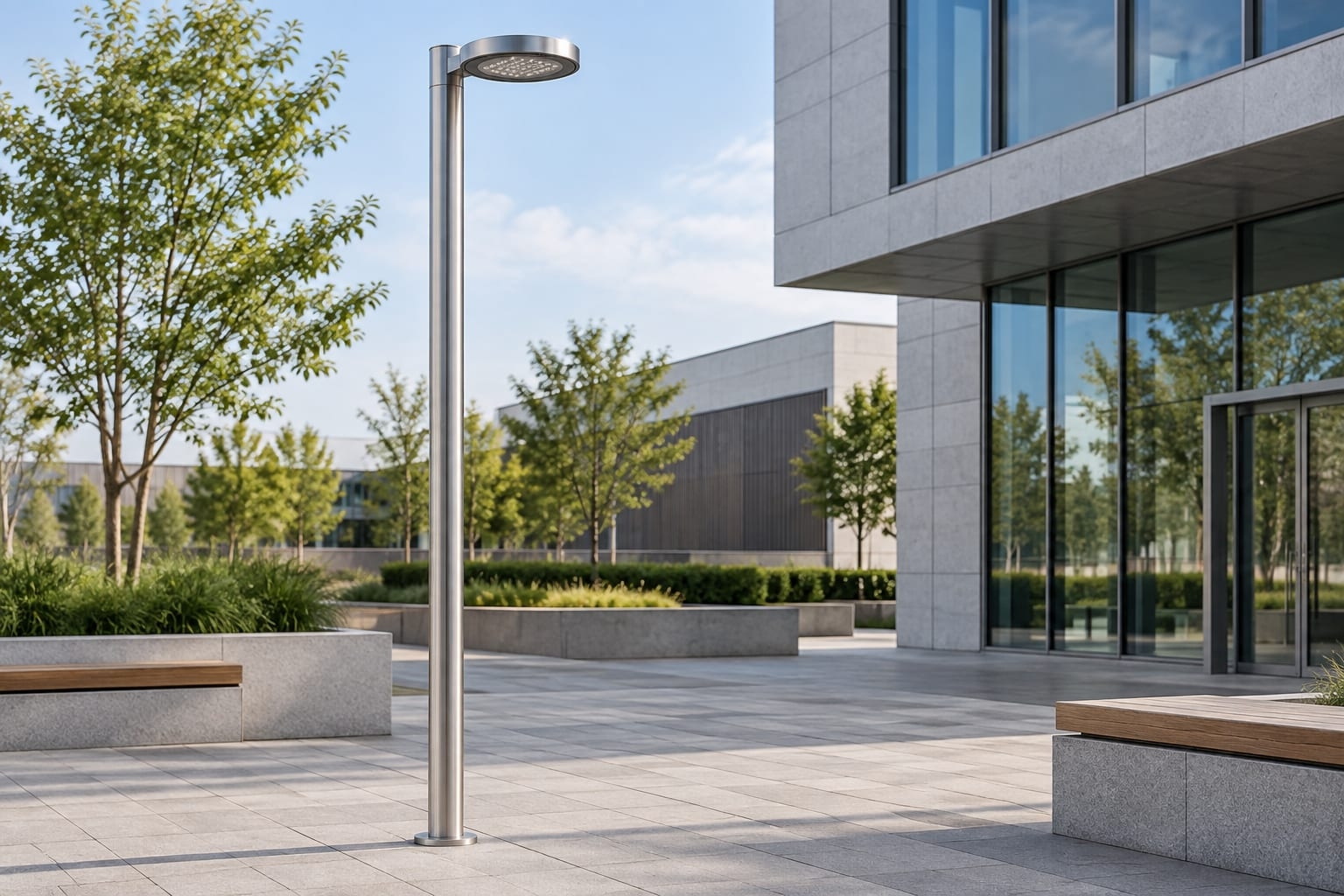 Brushed stainless steel architectural lighting pole installed in a contemporary paved plaza