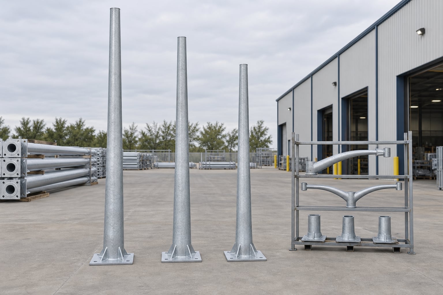 Flanged base galvanized pole shafts with separate roadway light arm options