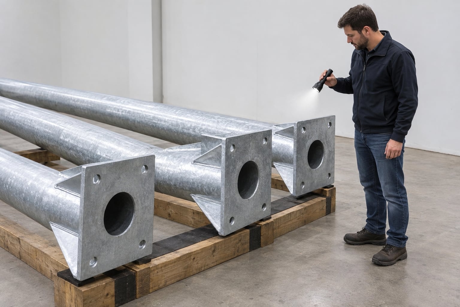 Inspector checking galvanized finish on flanged base light pole sections