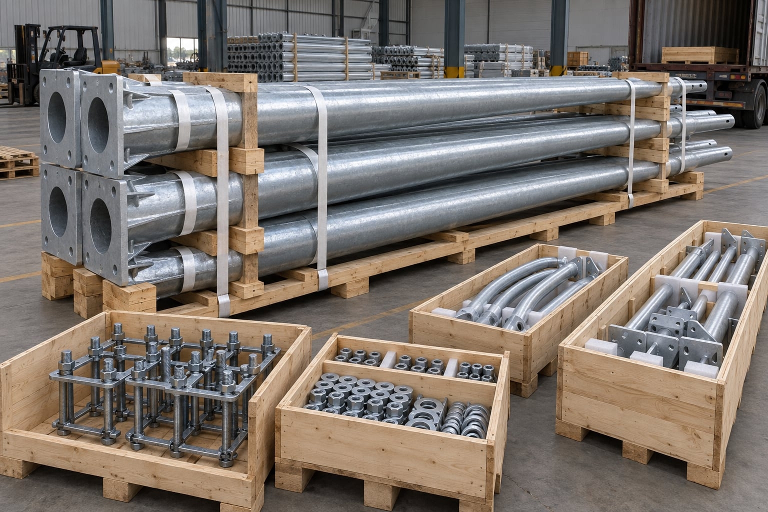 Pole anchor and hardware items organized for shipment