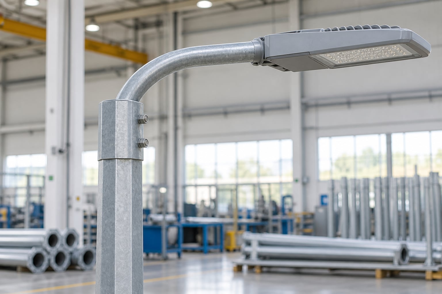 Curved arm and LED luminaire connected to an octagonal galvanized light pole