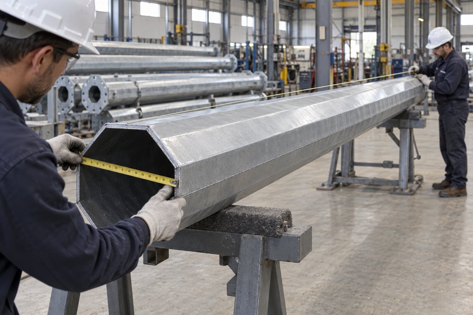 Technicians measuring a tapered octagonal galvanized steel pole shaft