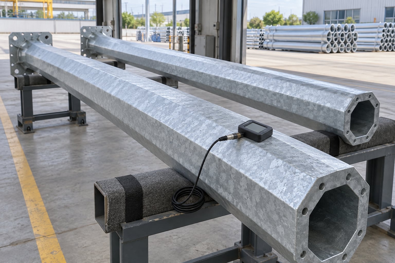 Coating thickness gauge on tapered octagonal galvanized pole shafts