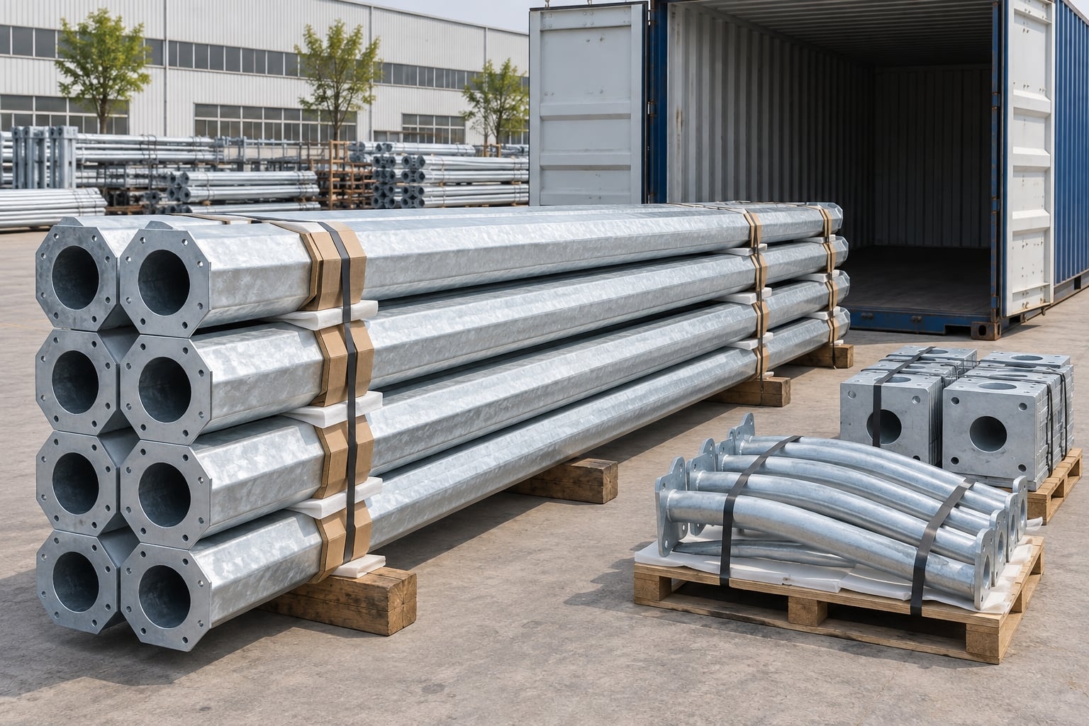 Bundled octagonal galvanized light pole shafts and arms prepared for export