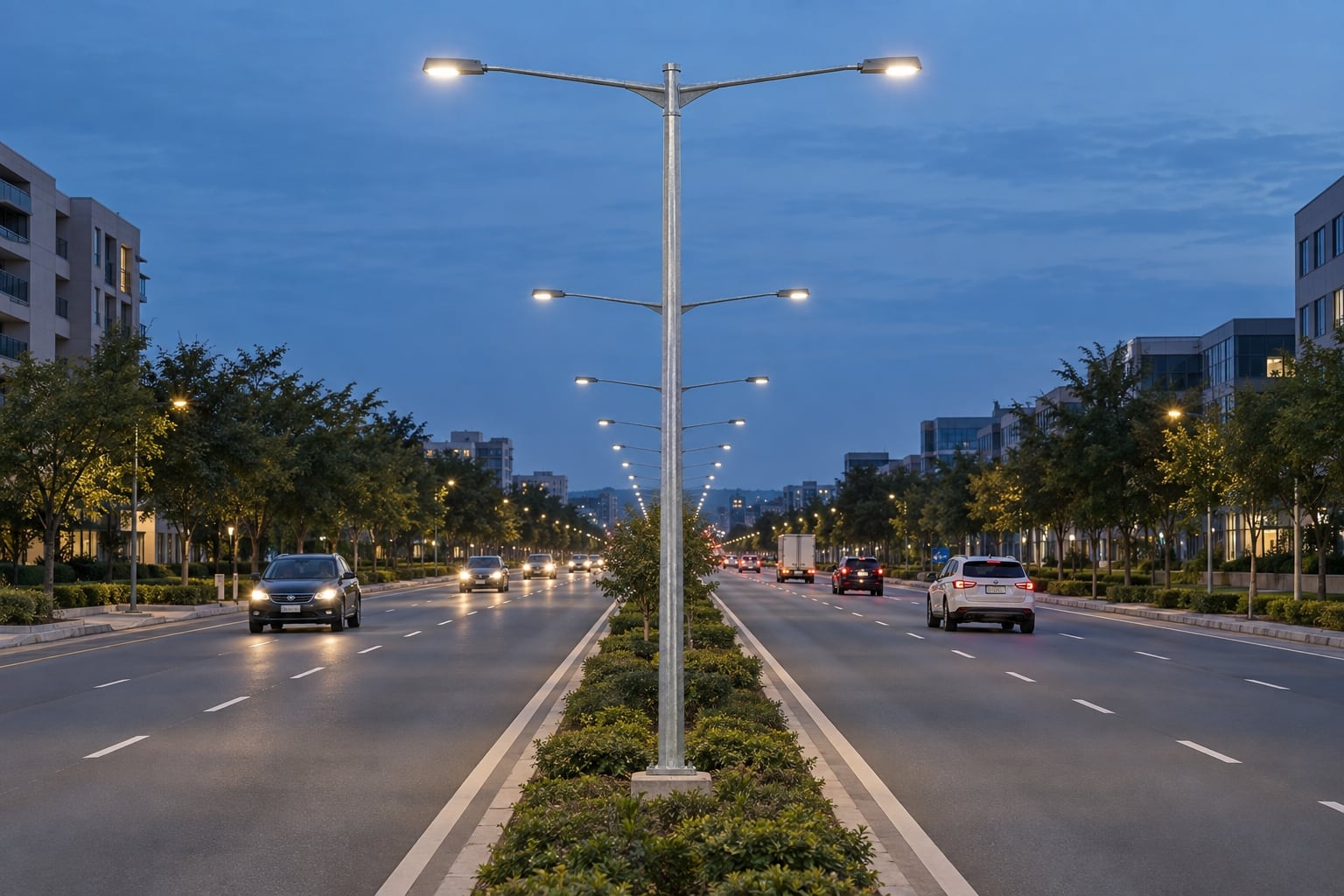 Divided Urban Road Lighting with Double-Arm Median Poles