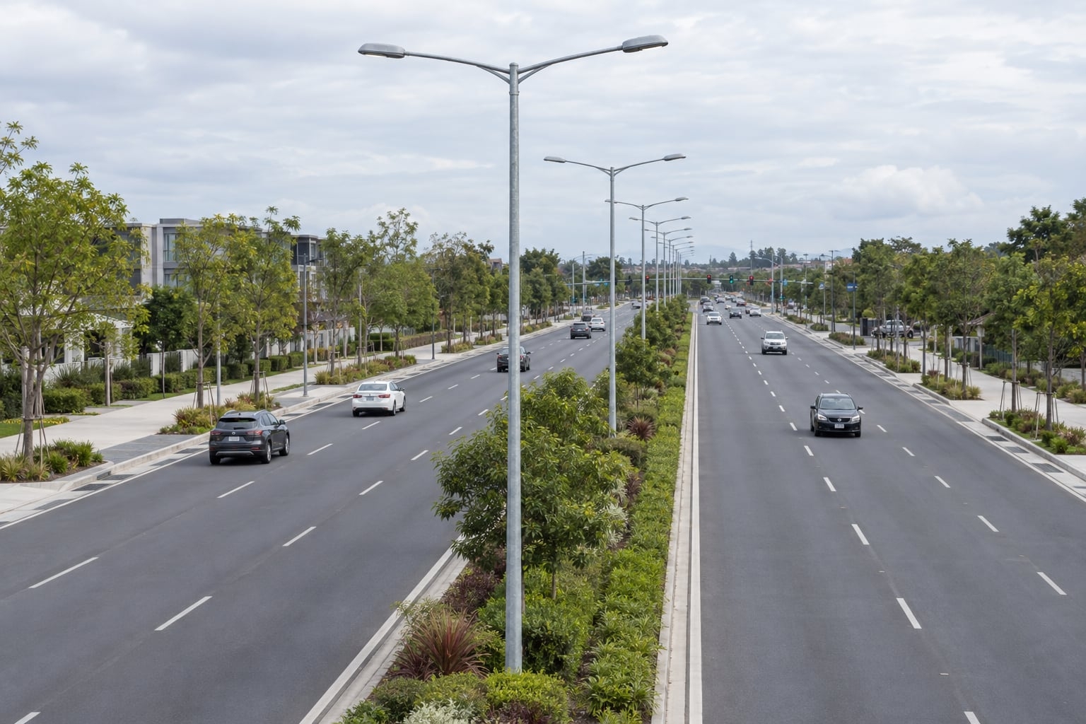 Daylight overview of a divided road with double-arm lighting poles centered in a landscaped median