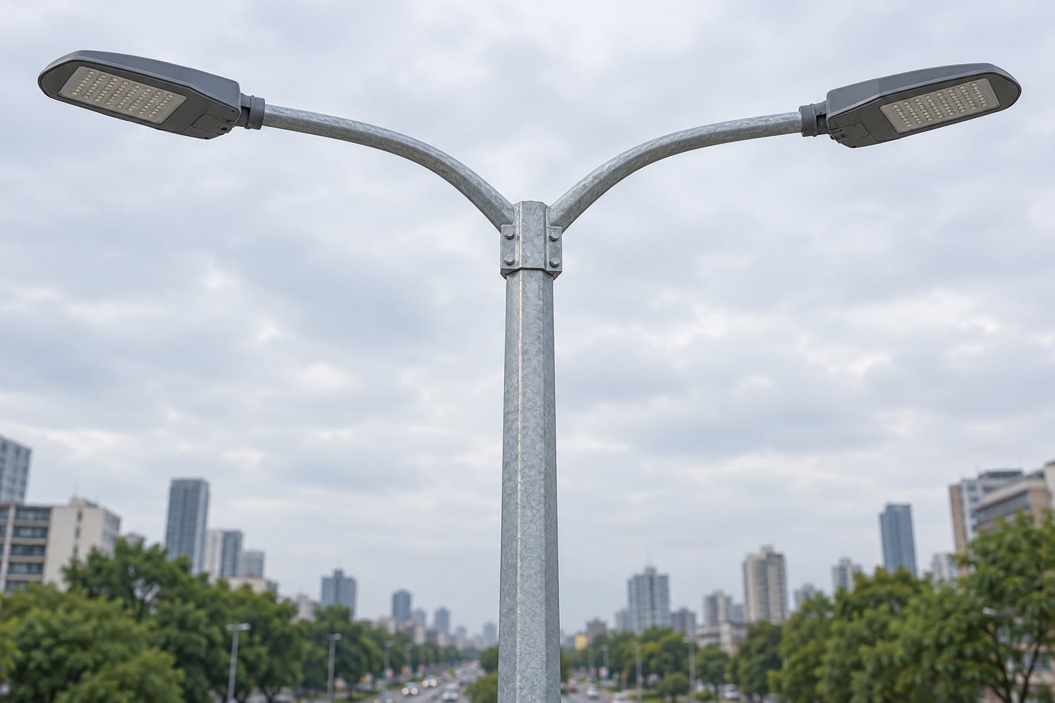 Close view of a galvanized double-arm pole head with two mirrored arms and correctly mounted LED road luminaires