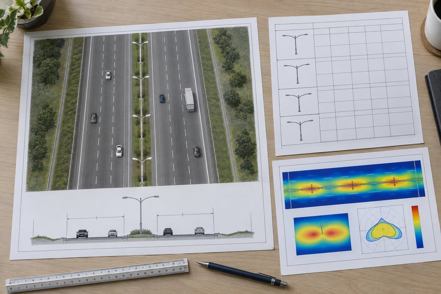 Road cross-section, double-arm median pole schedule and photometric calculation sheets under technical review